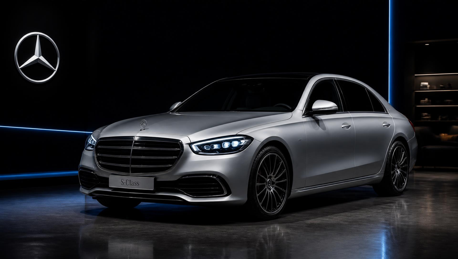Silver Mercedes-Benz S-Class in a luxury showroom