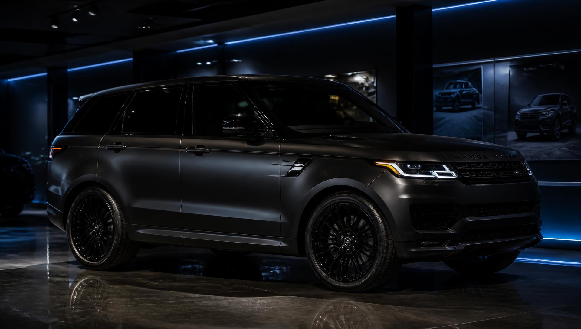 Matte black Range Rover Sport in a premium dealership